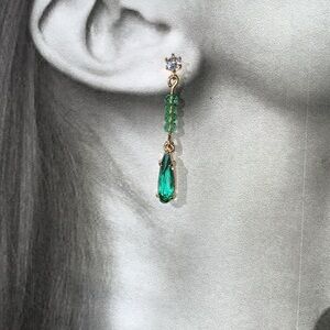 Cubic Zirconia Stud Post Earrings With Green Faceted Crystal and Sheer Teardrop